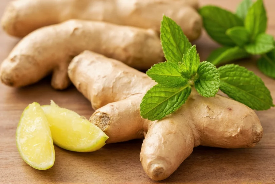 Close-up of fresh ginger root and peppermint leaves on wooden surface showing natural nausea remedies