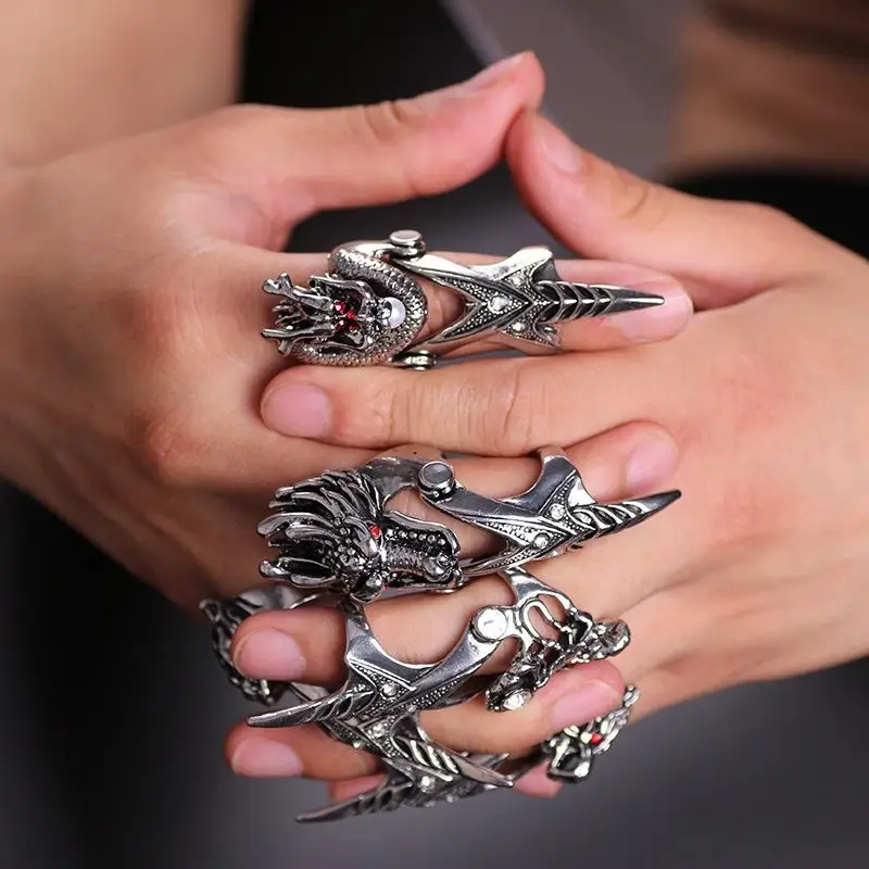 hot selling hiphop punk gothic rock heavy metal dragon skull rings for men