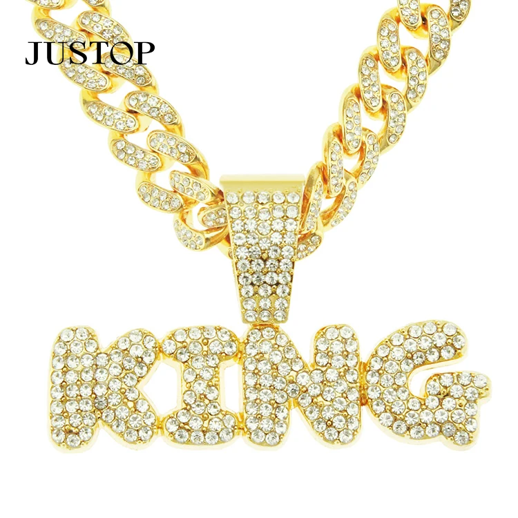 

Unique Hip Hop 18k Gold Plated Diamond Letter King Pendant Necklace Cuban Link Chain Jewelries Necklace For Men