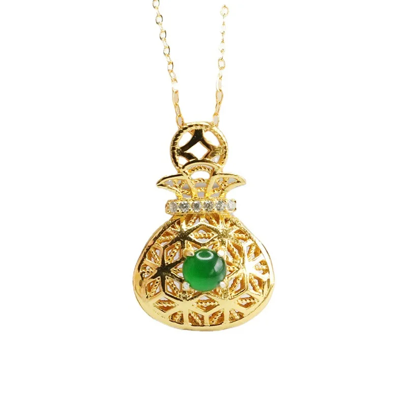

S925 Silver Inlay Natural Emerald Lucky Bag Pendant Ice-Like Emperor Green Necklace Factory Wholesale FC3032003