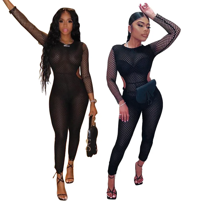 

2021 summer women spring jumpsuits and rompers sexy long sleeve EDOSIR black one piece mesh seethrough jumpsuit, Picture