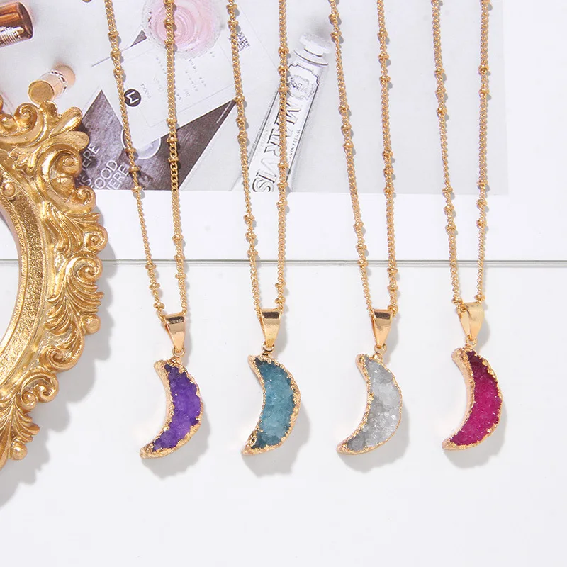 

New natural stone amethyst rough crystal cluster moon pendant necklace women's color retention gold-plated chain necklace