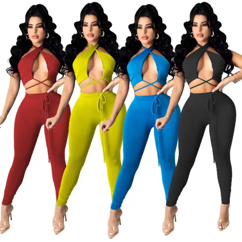 

Summer latest fashion halter crop top and pants set two piece women clothing club wear 2021, 4 colors as picture