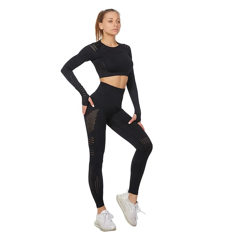 

Custom Logo Wholesale Women Fitness Clothing Yoga Suit Sport Wear Two Pieces Black long Sleeve Jacquard Yoga Set, Custom color