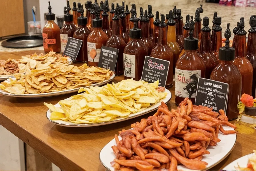 Halloween chili toppings bar with themed labels including 'Witch's Tears' hot sauce and 'Zombie Fingers' tortilla strips arranged on a wooden table