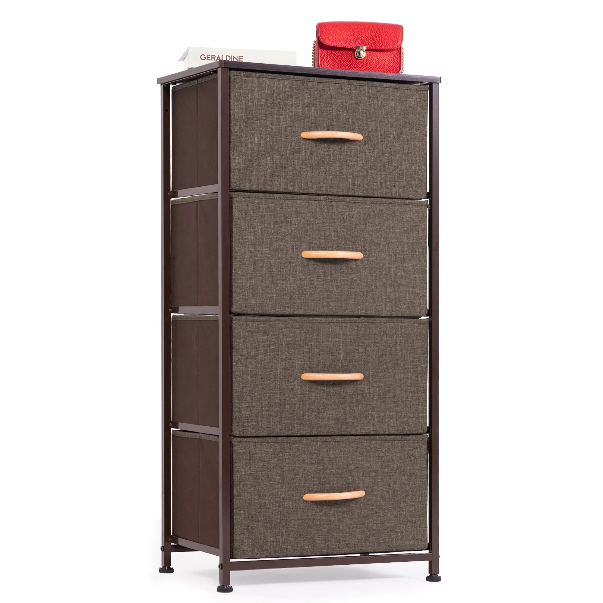 

Three Colors Suitable Vertical Dresser Storage Tower with 4 Drawers, Fabric Organizer Dresser Tower for Bedroom