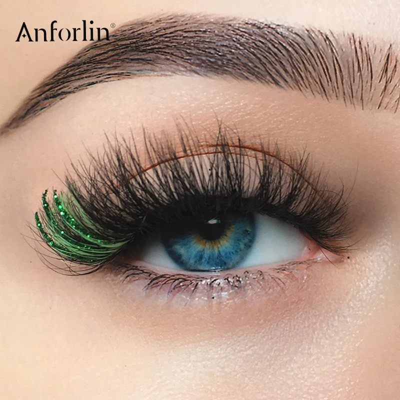 

Wholesale bulk light pink glitter lashes strips colored green 3d faux mink eyelash vendors vegan lashes with glitter