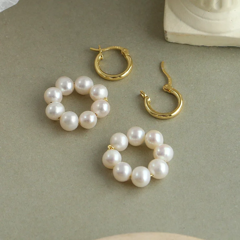 

Fashion Vintage 925 Silver Circle And Freshwater Pearl Pendant Earrings Gold Pearl Earrings For Women, Like picture