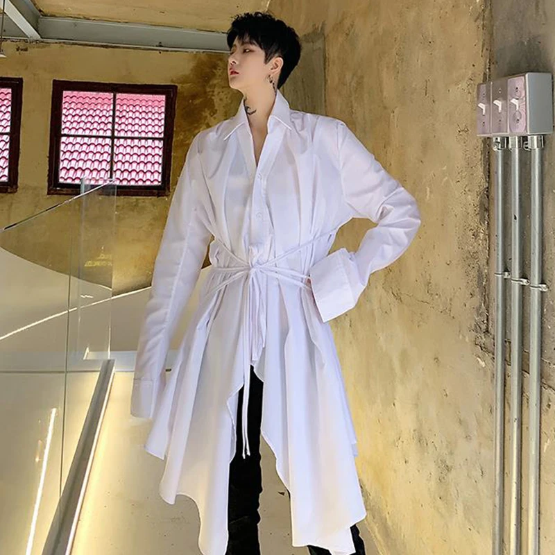 

Yamamoto style dark black super long tied waist white shirt irregular loose flowing small shirt coat fashion shirt