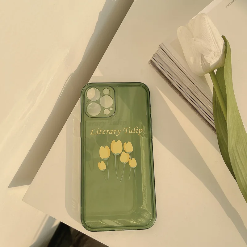 

Ins Fashion Classic Green Tulip Phone Case For iPhone 11 12 13 Mini case Pro X XS Max XR 7 8 Plus SE Case Cover Soft Silicone, Transparent