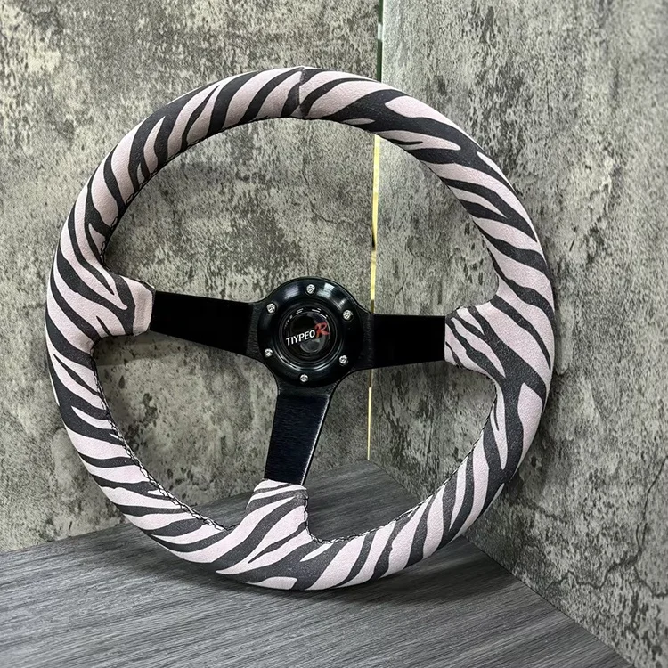 Customized 350mm pink zebra patterned perforated bracket steering wheel with suede surface modification for car steering wheel