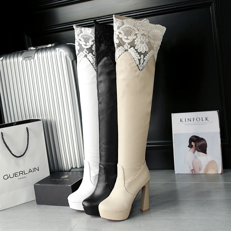 

High Heel Over Knee Boots Apricot Round Toe Waterproof Platform Lace Floral Print Winter High Heel Boots, Black white ecru