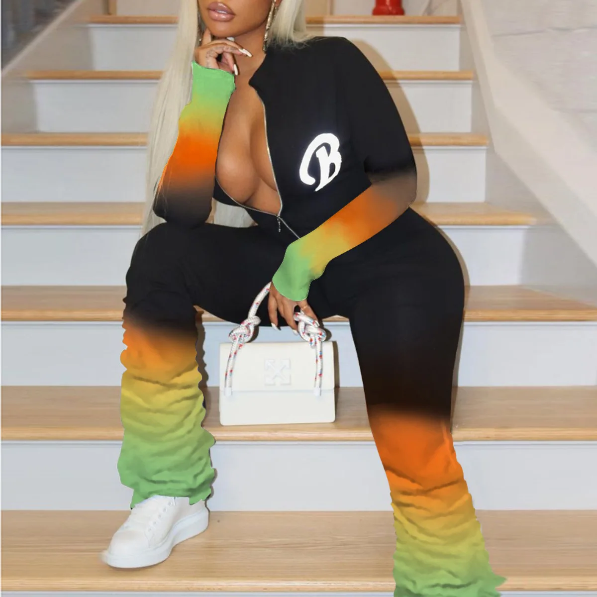 

cotton plus size women clothing tie dye gradient ramp zipper up jumpsuits for women casual 4xl