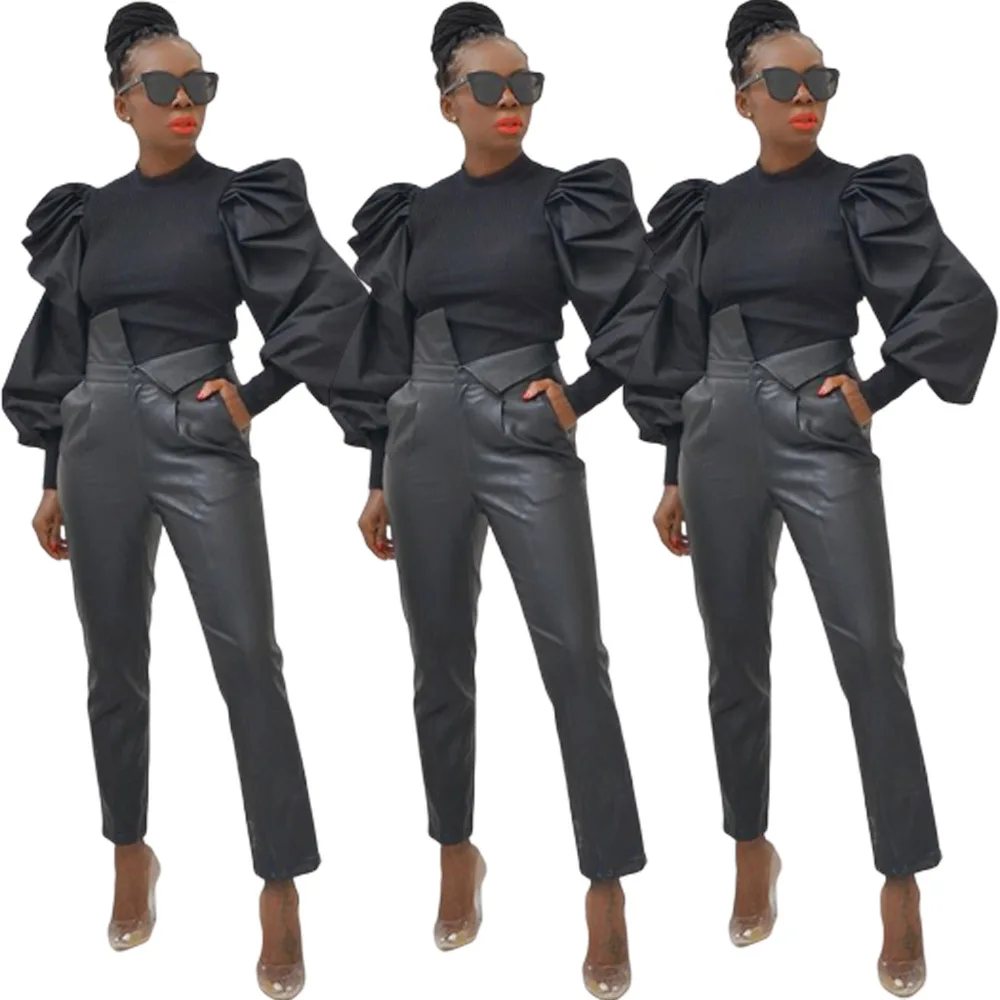 Popular Casual Fashion Personality PU Leather Pants Women High Waist Pants Women Clothes
