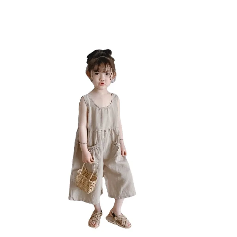 

Summer 2021 Korean boys and girls baby retro air cotton linen sleeveless jumpsuit wide leg jumpsuit