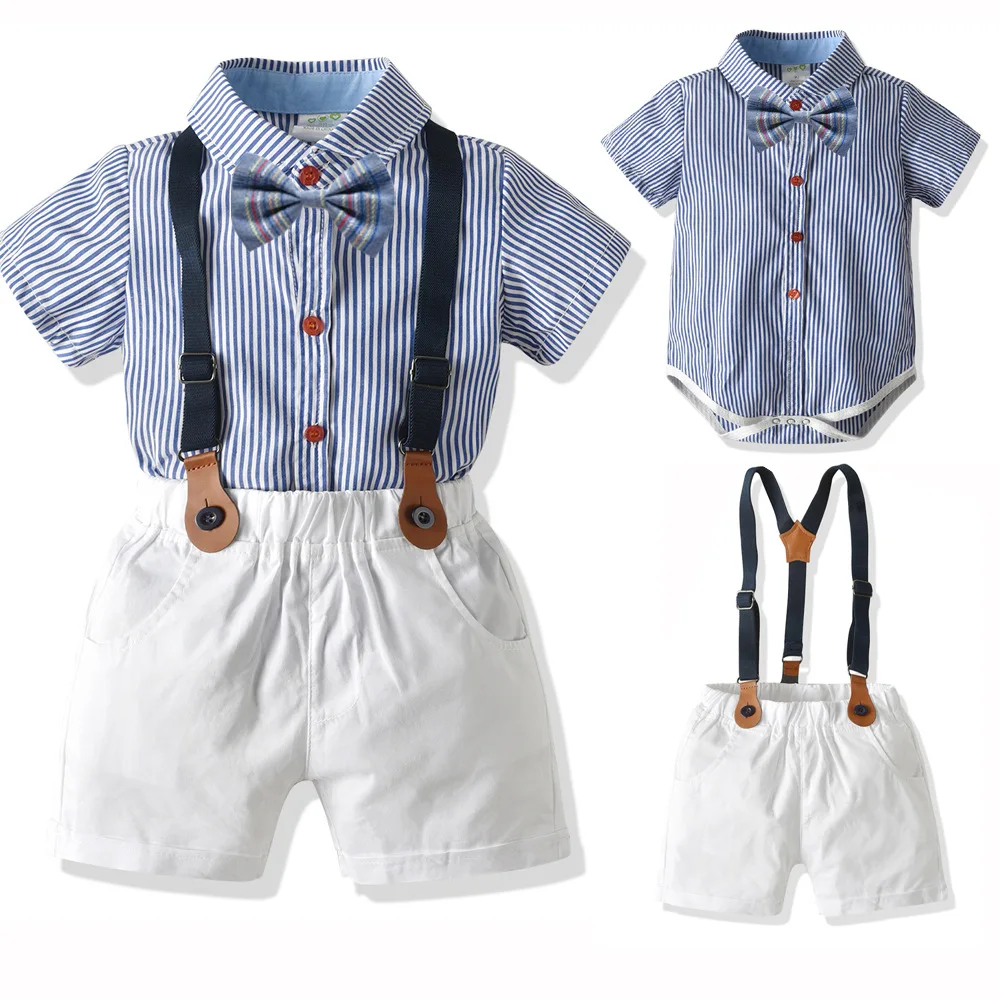 

Summer New Short Sleeve Plaid Shirt and Shorts Baby Boy Rompers Sets, Blue