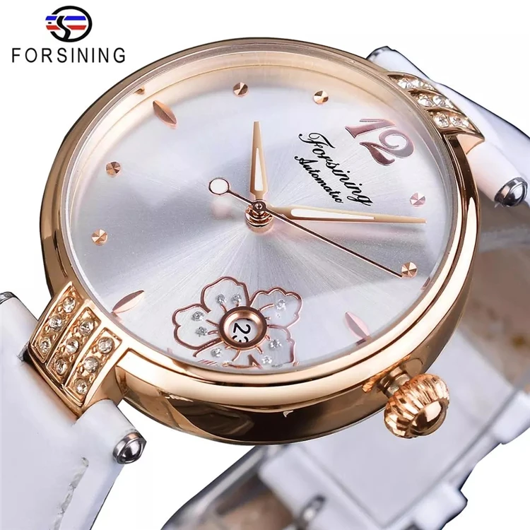 

Forsining GMT1196 Flower Diamond Automatic Watch Waterproof Luminous Hand Genuine Leather Mechanical Wristwatch Date Women Watch