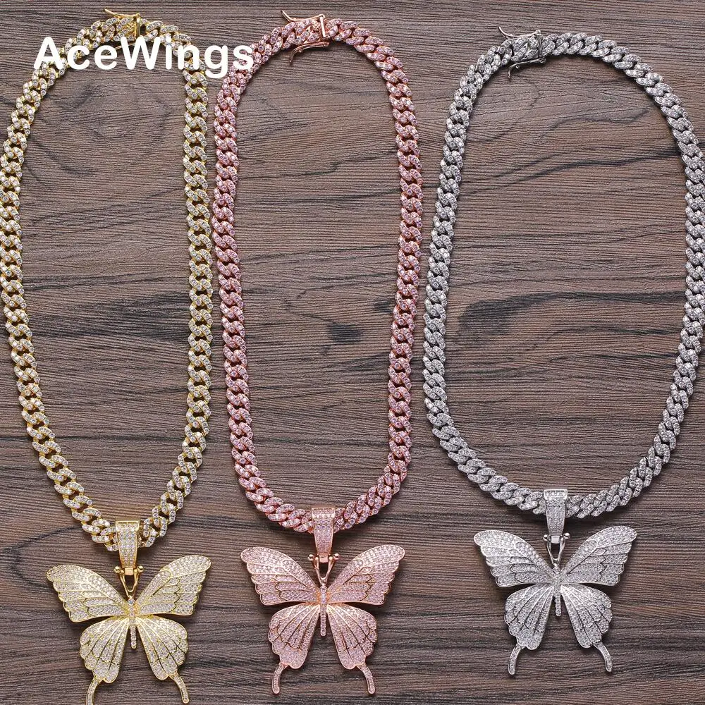 

Brass CZ Butterfly Pendant with 8mm Cuban link Chain Necklace Hip hop Bling Jewelry CZ Chain Iced Out CN111