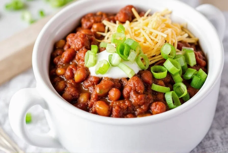 Finished crockpot chili served in white bowl with toppings including shredded cheese, sour cream, and green onions