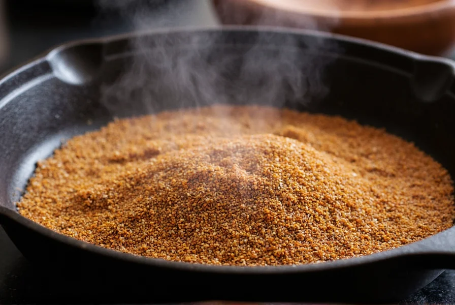 Close-up of toasted cumin seeds in a cast iron skillet with steam rising, professional food photography style