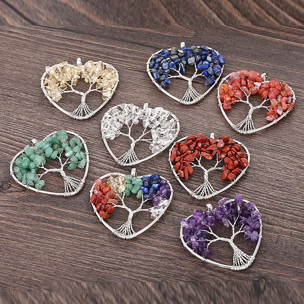 

7 Chakra Natural Stone Crystal Necklace Handmade Metal Wrap Wire Crushed Stone Tree of Life Pendant Necklace