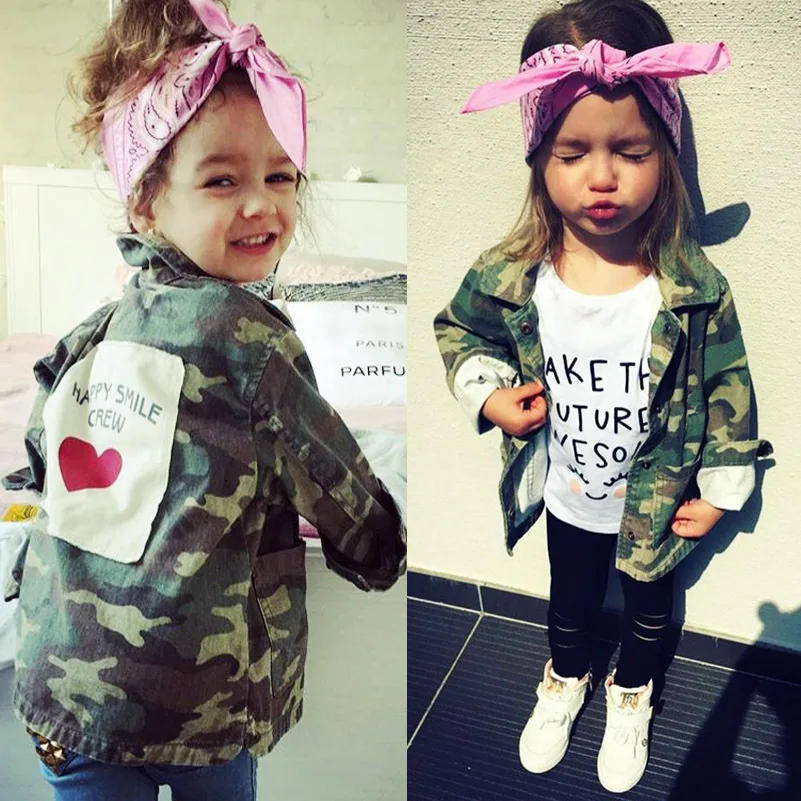 

2020 New Autumn Cute Kid Girl Camouflage SAFARI JACKET Back Heart Printed Jacket for 2-6T, As photos