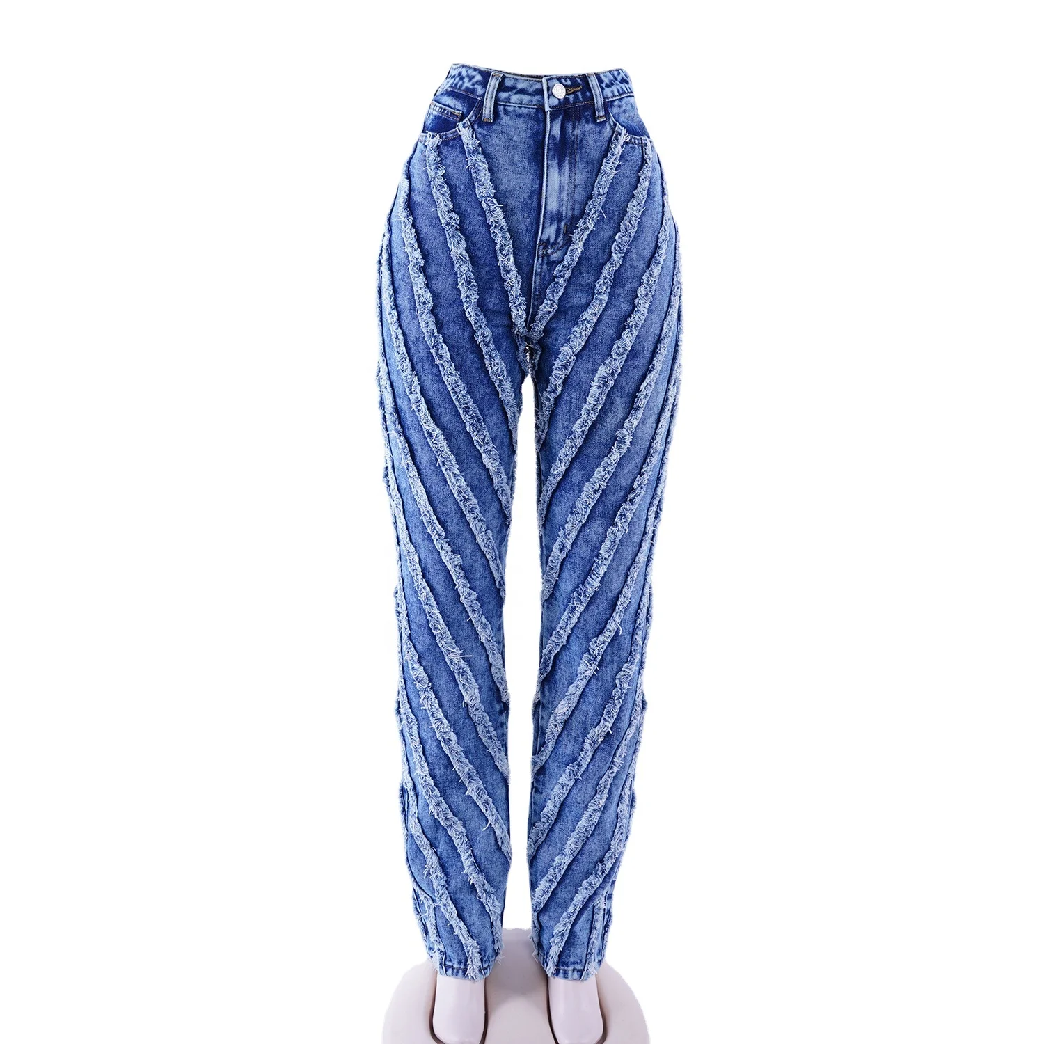 

SKYKINGDOM special design wholesale women jeans blue high waisted tassel stripes bootcut jeans for women