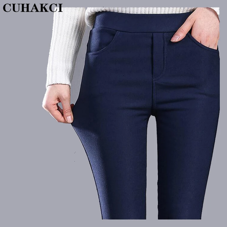 

CUHAKCI Fashion Winter Plus Velvet Thick Solid Color Leggings Skinny Women Pants Warm Pencil Ladies Pocket Splicing Pant, White, black, wine red, green, navy