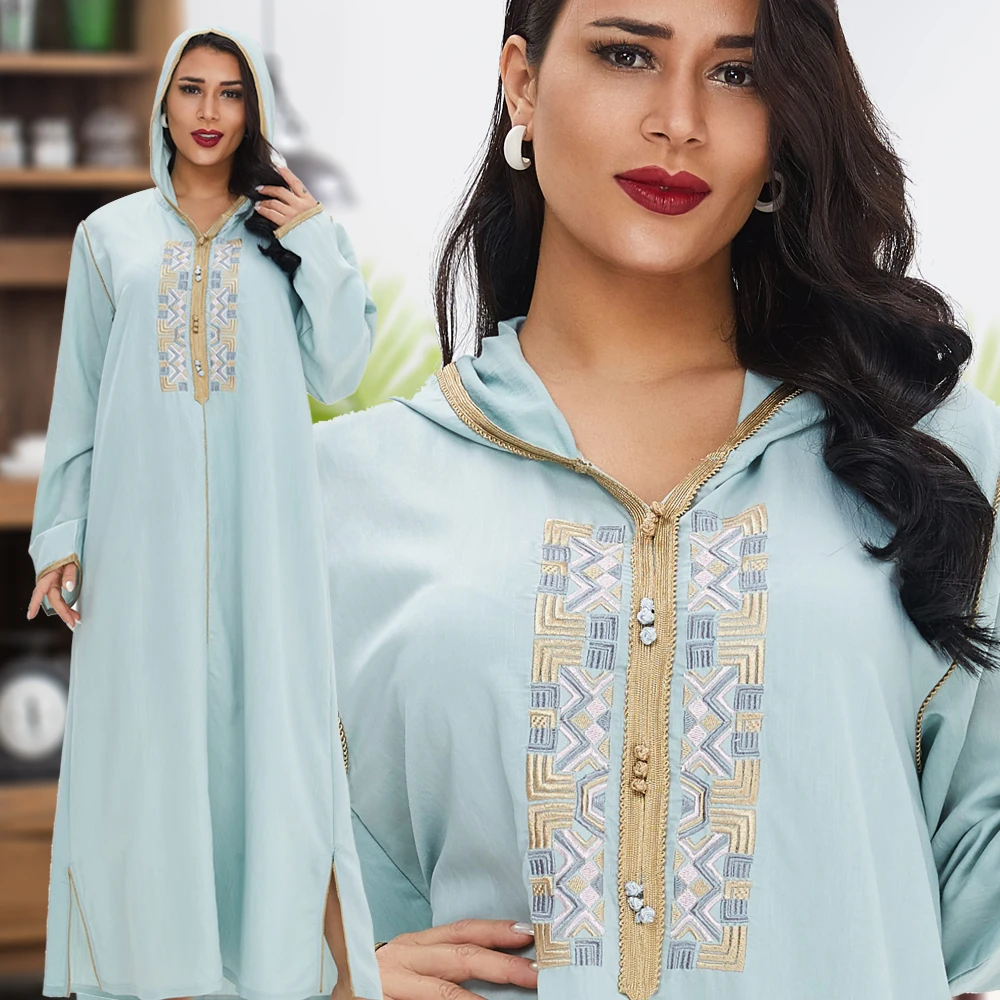 

2021 New arrival embroidery long sleeve hoodie casual robe muslim kaftan dubai moroccan dress islamic islam clothing, White and golden