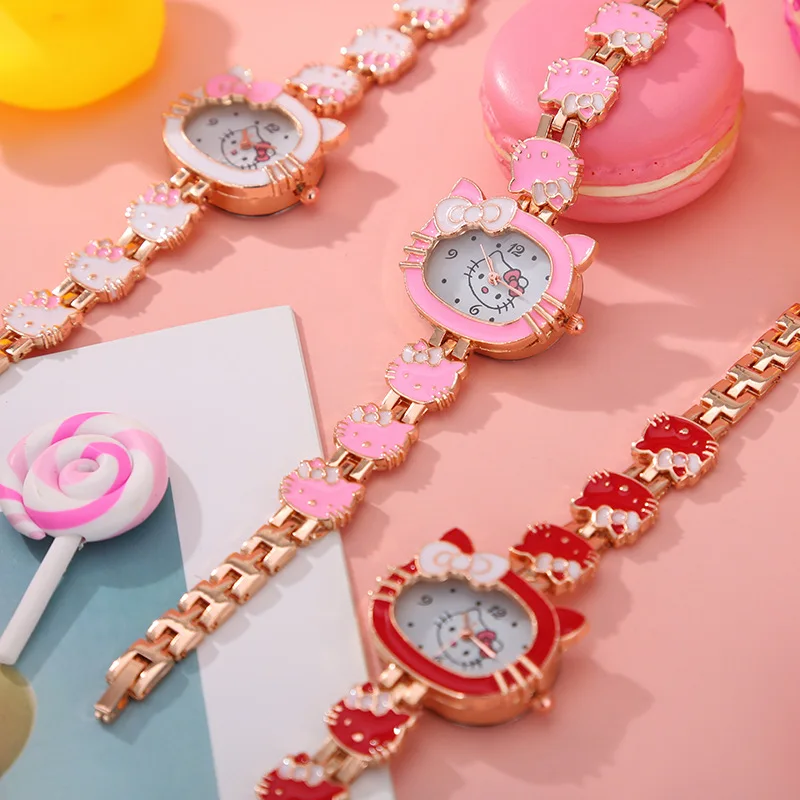

Stylish Watch For Girls Steel Belt Hello Kitty Cat Watch Kids Bracelet Quartz Watch Girls Wrist, Red,pink,white