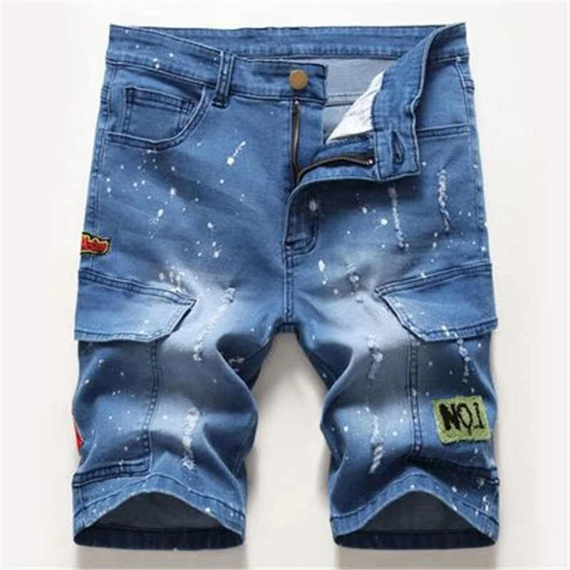 

New Summer Men's Jeans Hole Slim Denim Slim Straight Fashion Jeans, Light blue/dark blue