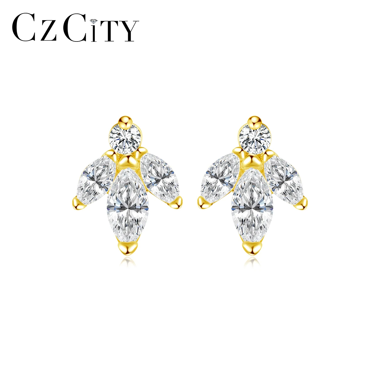 

CZCITY 5A Cz Sterling Silver Leaf Loverleaf Stud Cubic Zirconia Fashion 925 14K Gold Earring