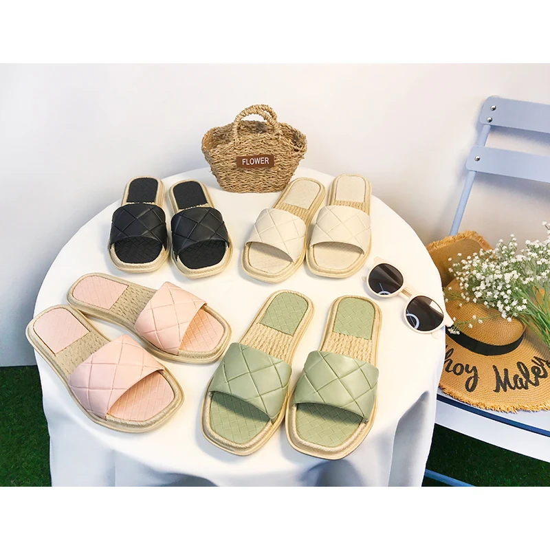 

New fashion summer water-proof Woven Straw PVC Sole Casual Lady flat sole Sandals Open Toe Women Slippers, Black, pink, green and beige