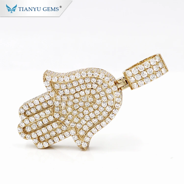 7.3ctw moissanite diamond Hamsa hand pendant 14 K yellow Gold luxury moissanite jewelry