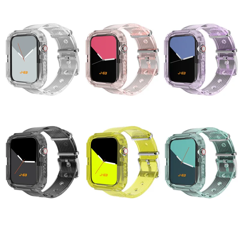 

2 in 1 Watchbands for Apple Watch With Protective Case Transparent Silicone Integrated Sports Watch Strap, 10 colors
