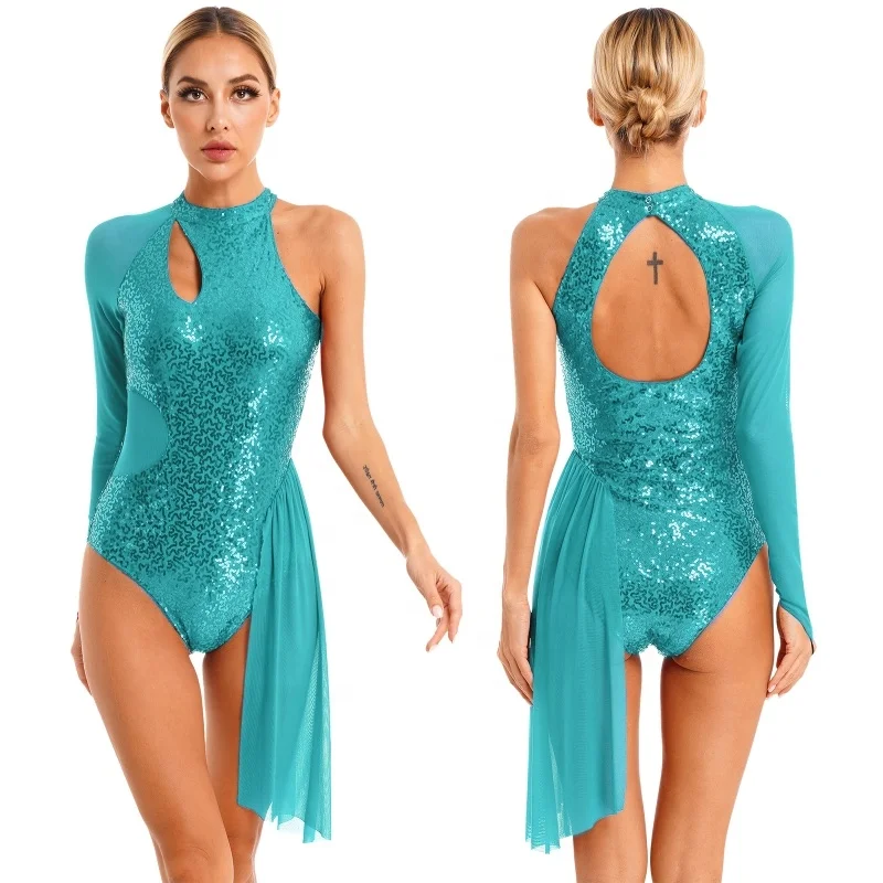 

Beautiful Womens Figure Skating Dress Glitter Sequins Leotard One Shoulder Sheer Mesh Long Sleeve Halter Dance Dresses