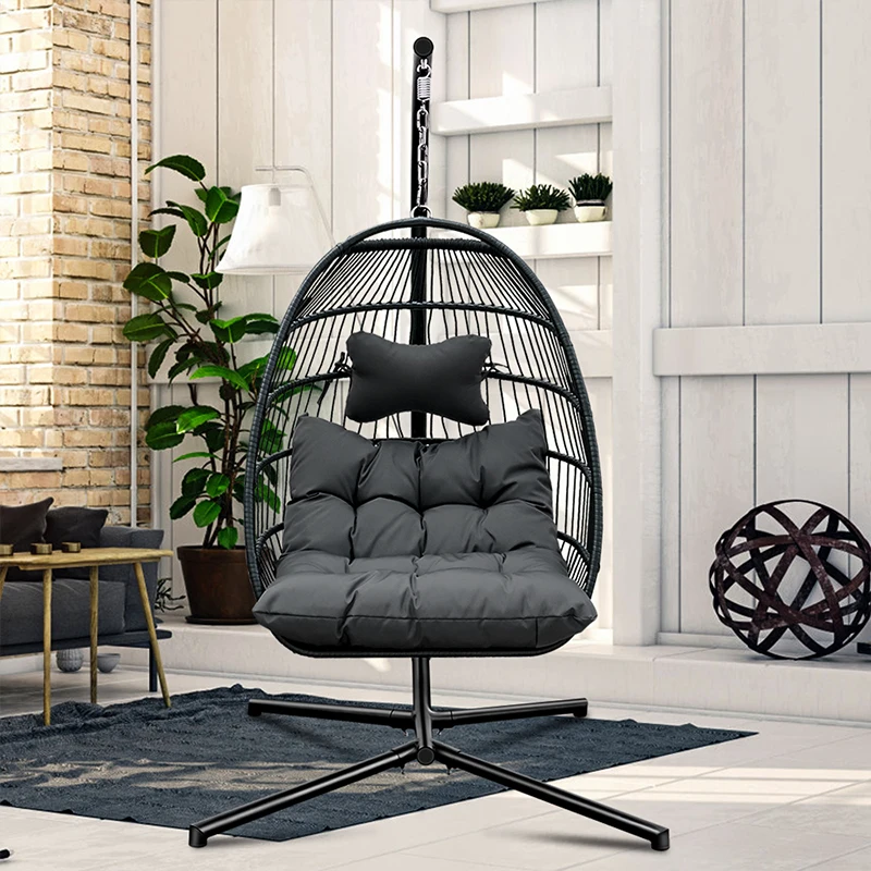 USA warehouse in stock High quality garden balcony outdoor hanging egg shaped rattan wicker swing chair (accept customized), Black