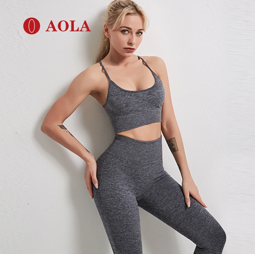 

AOLA 2020 Jogger Custom Logo Athletic Fitness Women Yoga Gym Leggings High Waist Seamless Three Piece Set, Picture shows