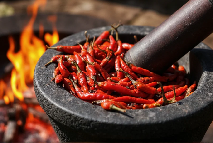 Traditional preparation of wild chiltepin peppers being roasted over open flame with mortar and pestle for grinding