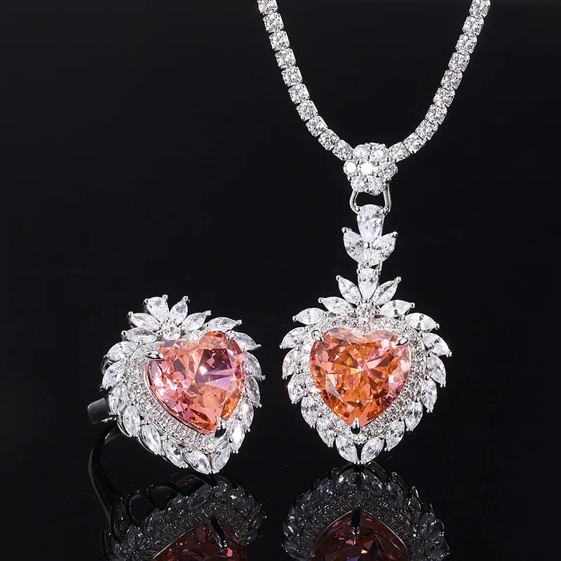 

S925 Whole Body Silver Padparadscha High Carbon Diamond Heart-Shaped Radiant Cut Pendant Ring Set Main Stone 15*15, Picture