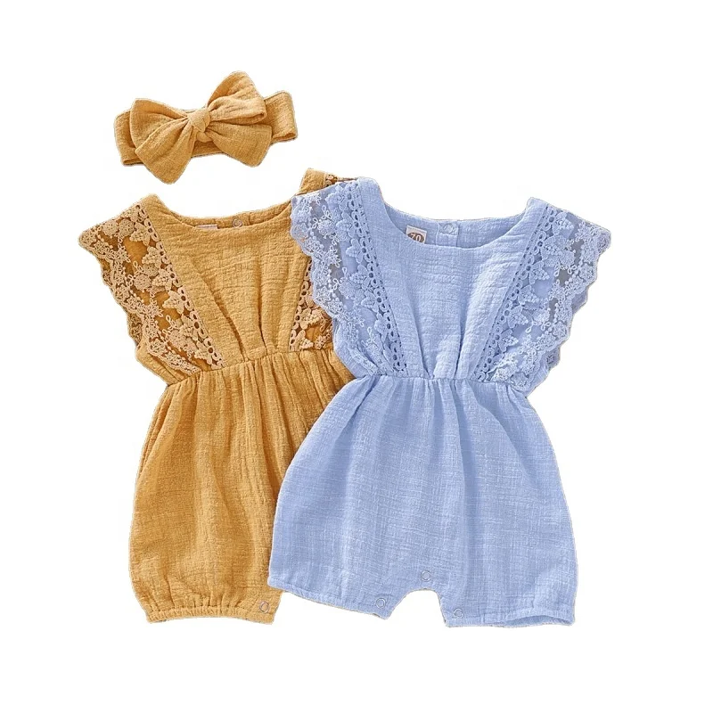 

Wholesale Newborn Baby Girls Clothes Cotton Linen Short Sleeve Onesie Romper With Matching Bow, Picture shows