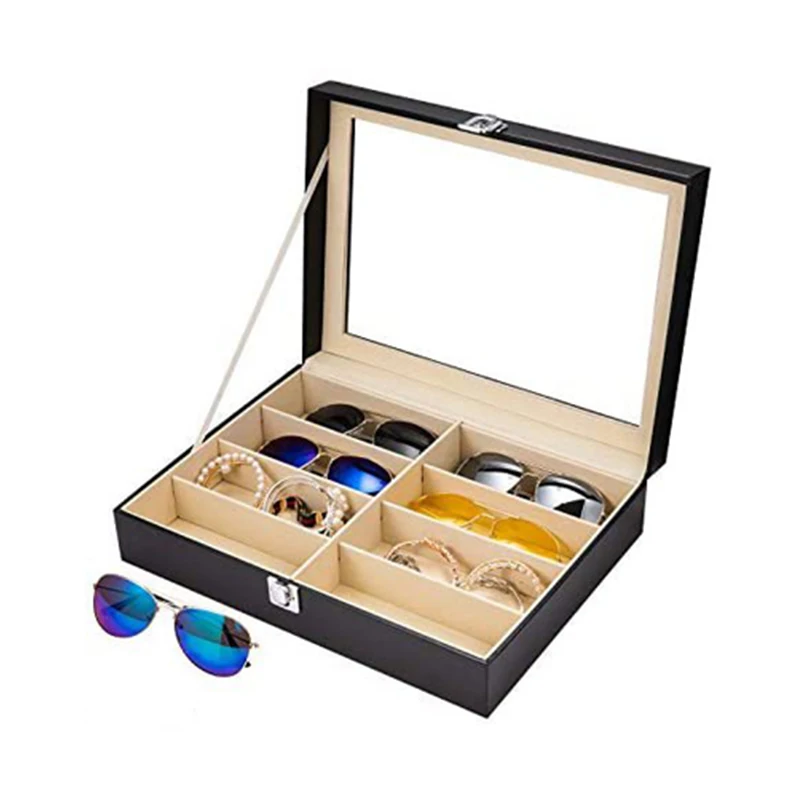 

PU Leather Sunglasses Glasses Jewelry Watch Folding Organizer Storage Display Holder Box Case With Window