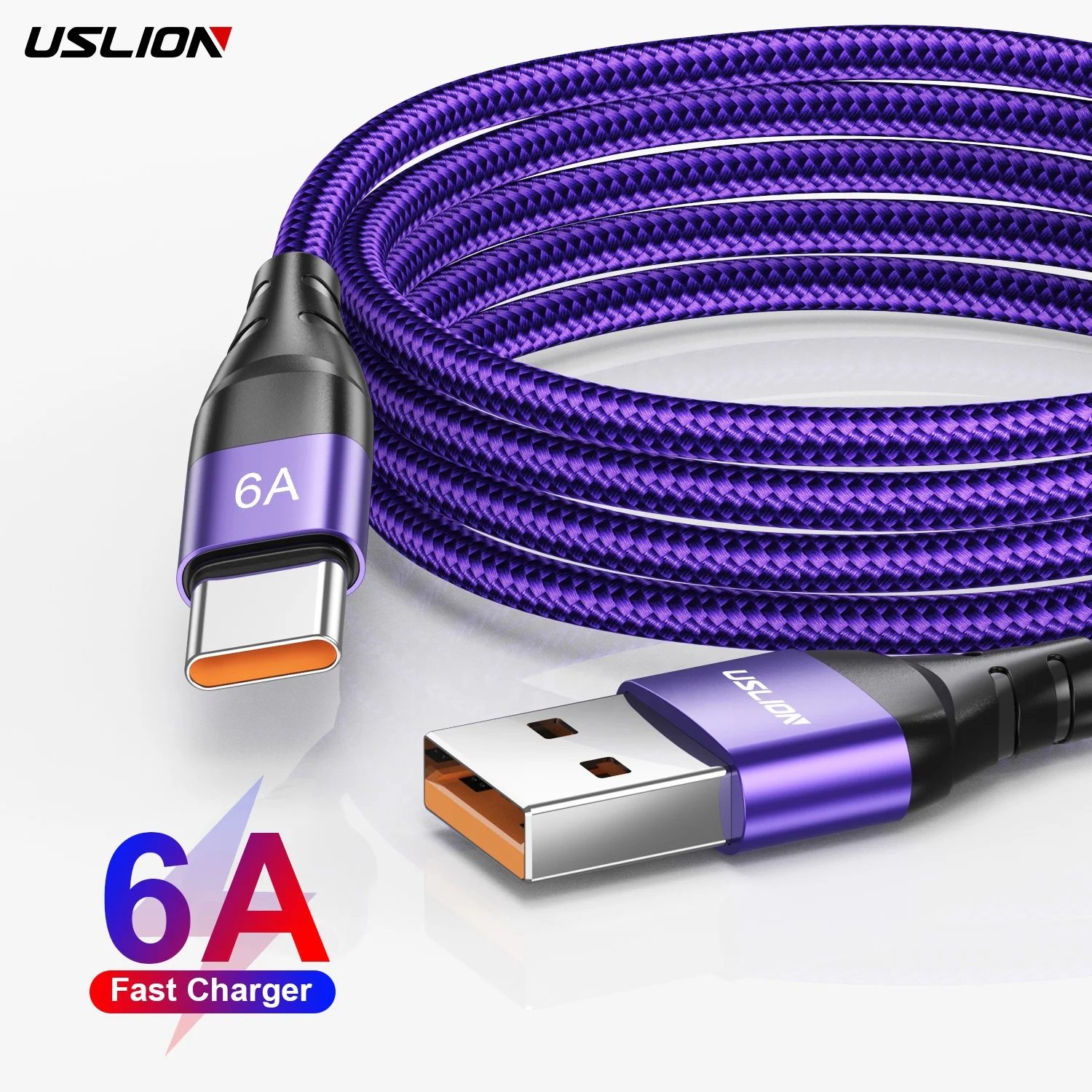 

USLION 2 Meter 6A 66W USB Type C Cable Charger Mobile Phone Fast Charge 5A 3A USB Cable Type C Data Cables Micro USB for Huawei, Black,red,purple