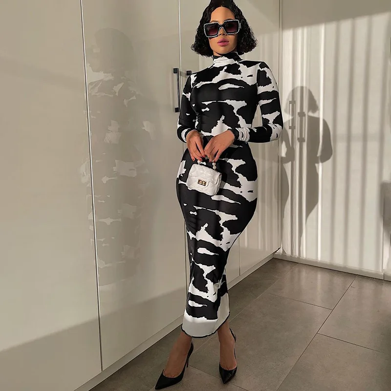 

Fashion Style 2021 Bodycon High Neck Long Sleeve Black And White Long Dresses Women Autumn