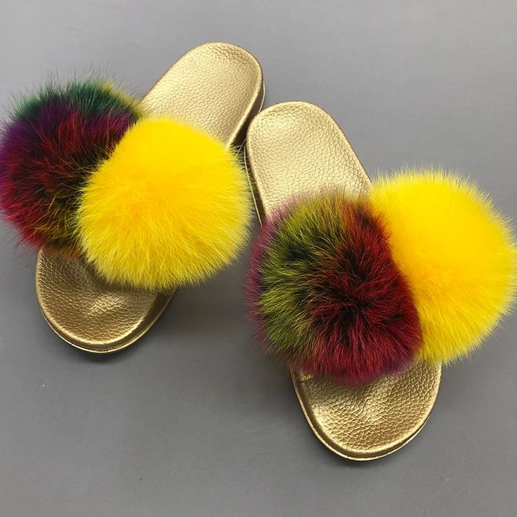 

Fashion colors 2 big pom pom fur slides wholesale custom fur pompom slides, Customized color