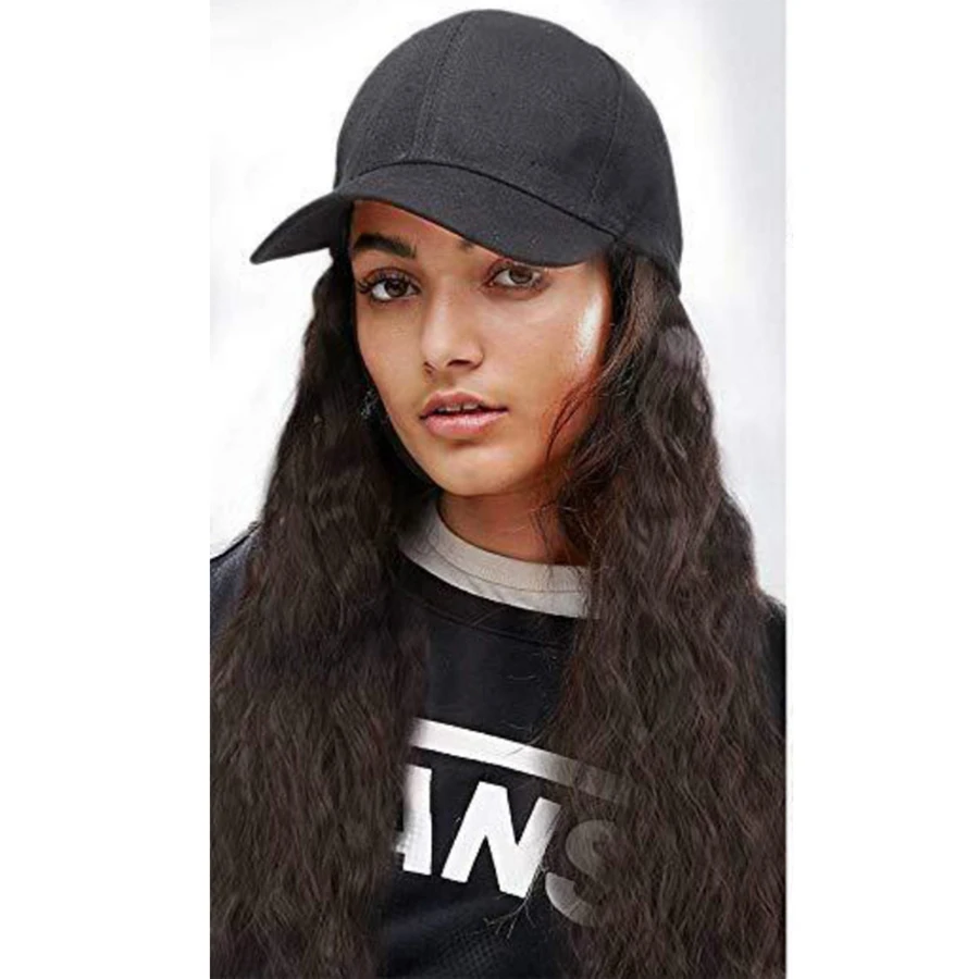 

Hot Sale Long Kinky Curly Hair Wig Hat Natural Colors Synthetic Wig Hat For Black Women Cheap Black Baseball Hats Wig Adjustable, Pic