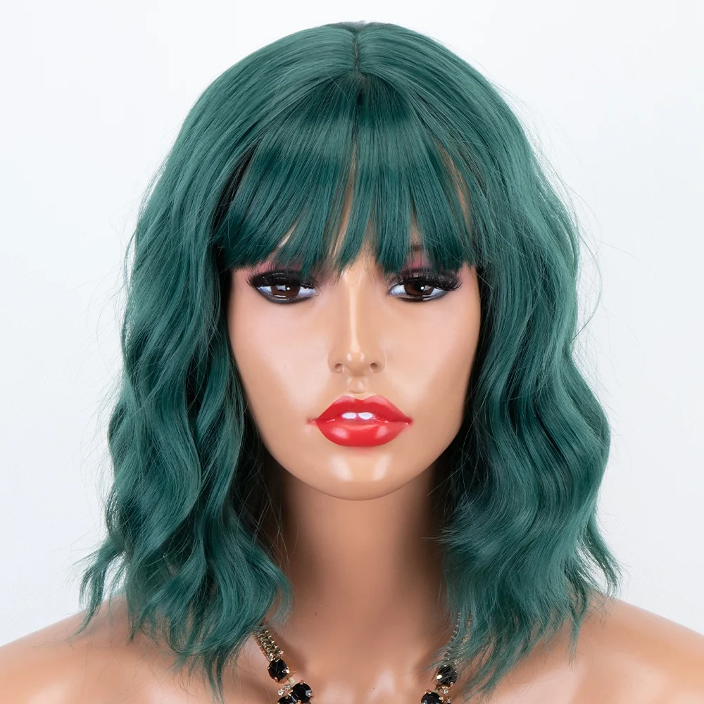 

Aliblisswig Cosplay Dark Green Short Wavy Bob Heat Retuctant Fiber Hair None Lace Synthetic Wigs with Full Bangs