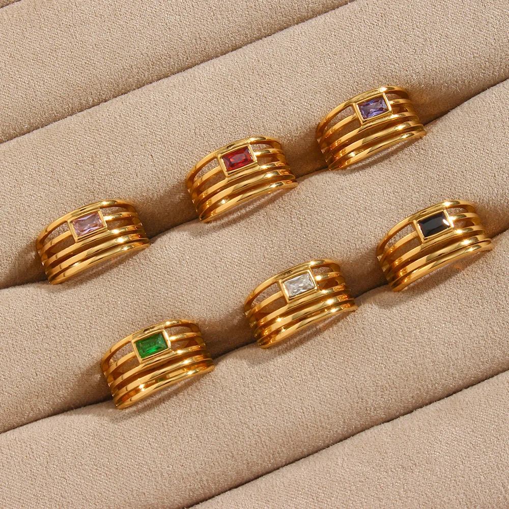 

New Arrival Gold Plating Multilayer Diamond Band Rings Fade Resistant Stainless Steel Geometric Cubic Zirconia Finger Rings