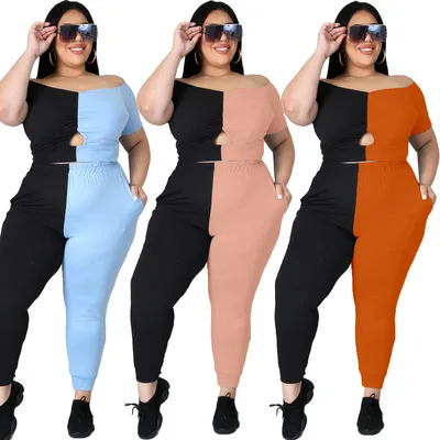 

2021 Hot Sale Plus Size  Women Patchwork Short Sleeve 2 Piece Pant Set Summer Women Clothing