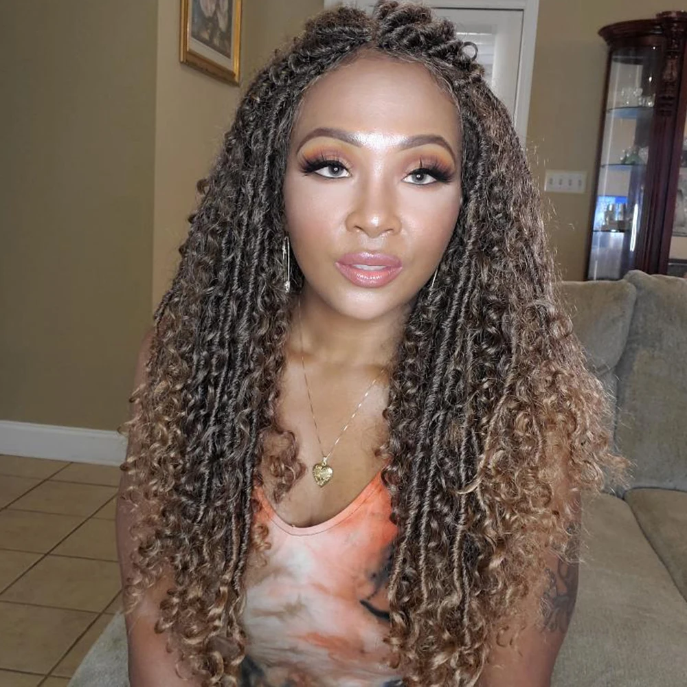 

Boho Locs Hair Curly Ombre Brown Colored Braided Lace Wig Goddess Faux Locs Curly Crochet Braids Wig For Black Women